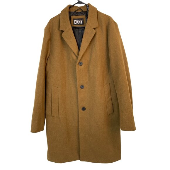 DKNY Mens Camel Overcoat Large RK10394 EUC Wool Blend Winter Lined Brown - Picture 12 of 15